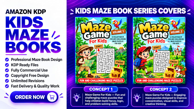design kids activity book, maze puzzle book cover and KDP interior
