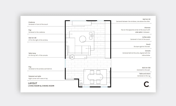 interior design mood board, furniture layout and shopping list