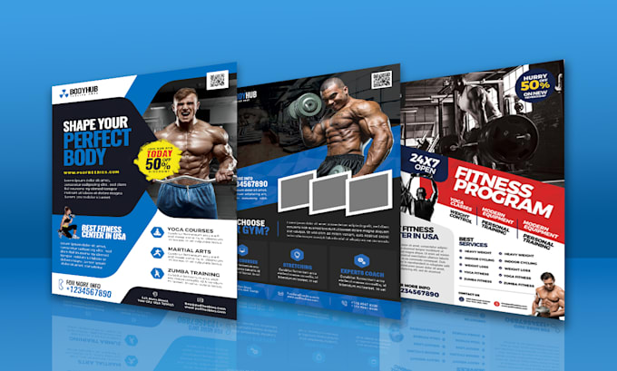 design  gym flyer, fitness flyer, game flyer and posters