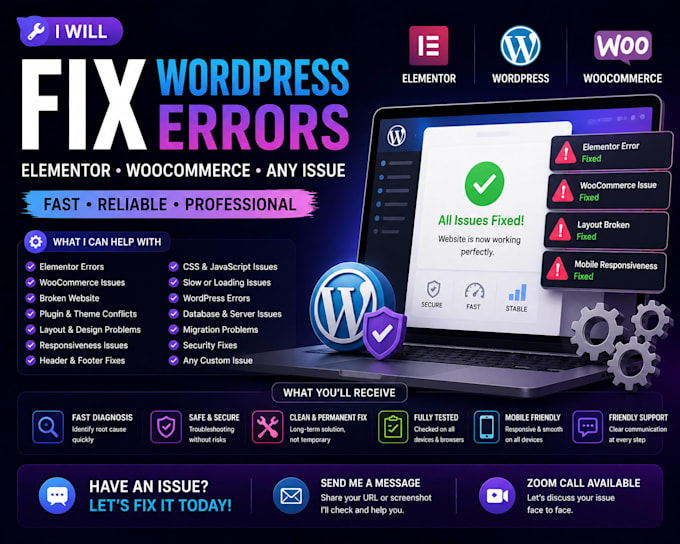 fix elementor error, responsive issues, woocommerce fix, wordpress fix