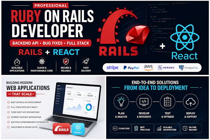 build ruby on rails backend API, fix bugs and develop react apps