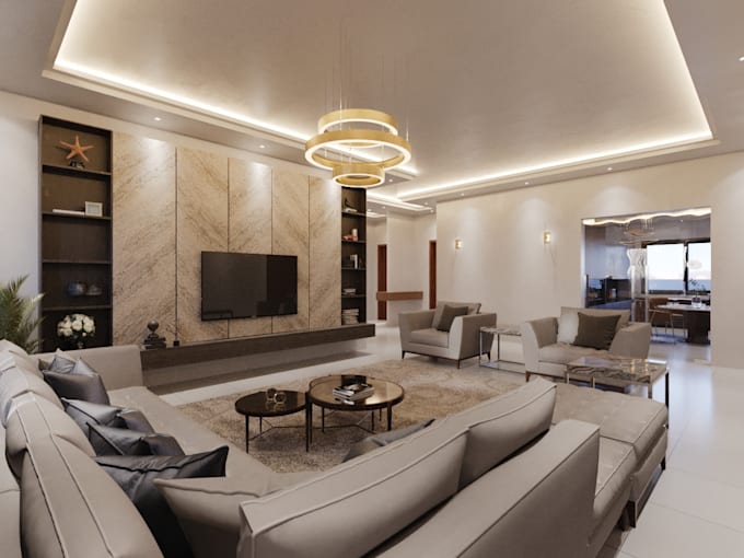 interior design and 3d render home, apartment or villa interior
