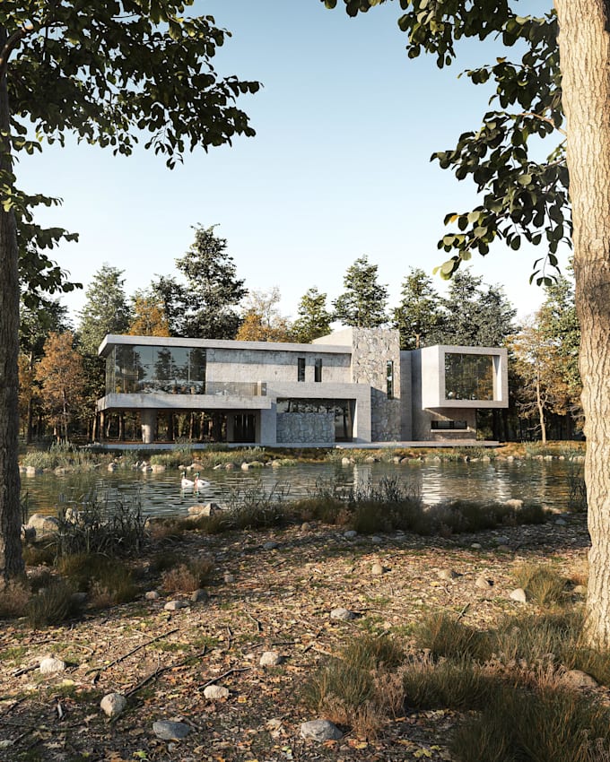 create photorealistic 3d forest houses and architectural visualizations