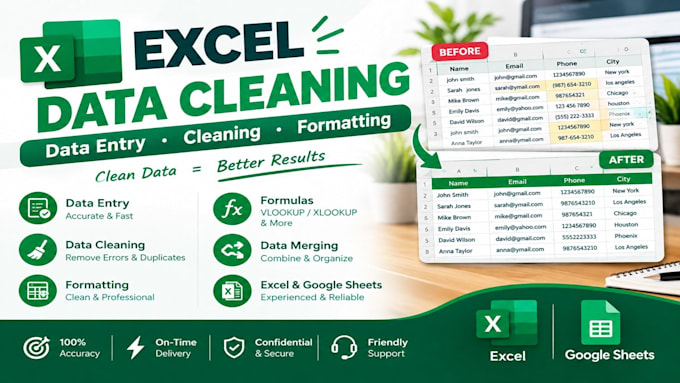 do excel data cleaning, data entry, formatting and formulas
