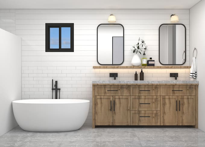 do modern bathroom interior design and realistic 3d rendering