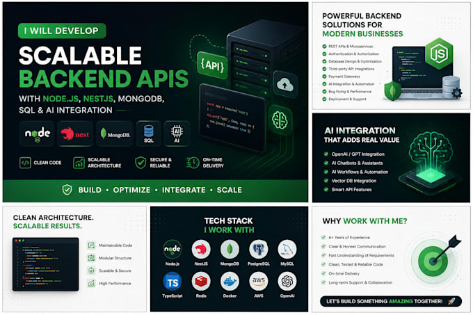 develop backend api using nodejs nestjs mongodb sql and ai