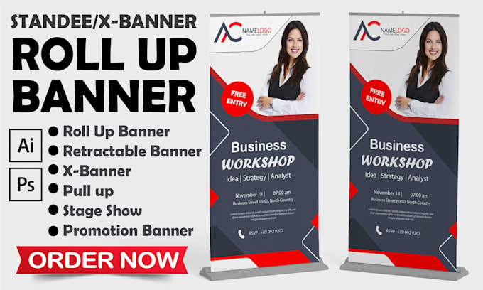 design roll up banner, retractable, pull up, pop up, signage or x banner
