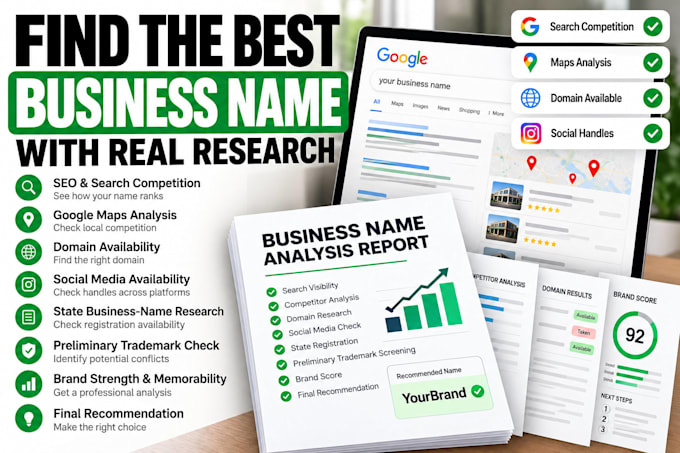 research your business name, SEO, branding, and online visibility