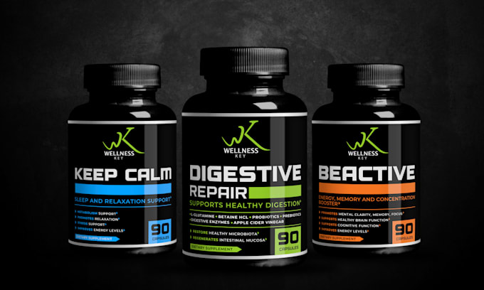 supplement label design, product label, and vitamin capsules