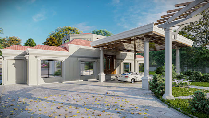 create and design modern exterior facade and render it