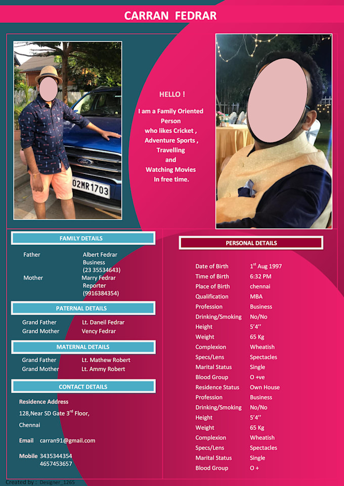 design an attractive marital biodata and CV or resume