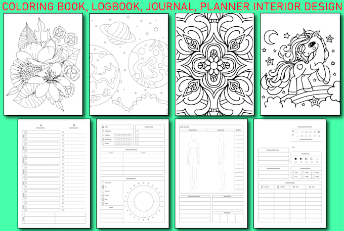 book interior design layout, KDP logbook, planner, journal, coloring book, etc