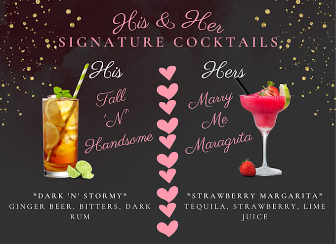 design wedding menus, bar menus, his and hers drink signs
