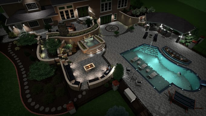 design landscape, garden, frontyard and backyard 3d modeling, patio walkthrough