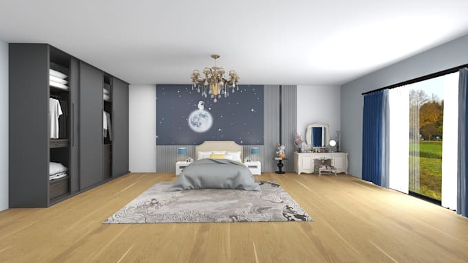 do 3d interior design for bedroom,living room and render