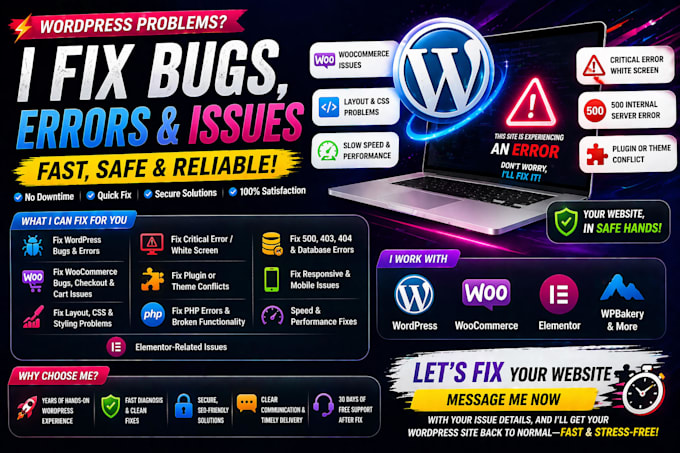 fix wordpress website bugs, issues, errors and critical problems