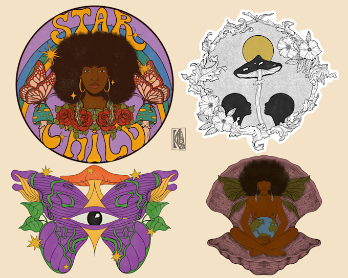 draw a whimsical retro 60s 70s psychedelic illustration