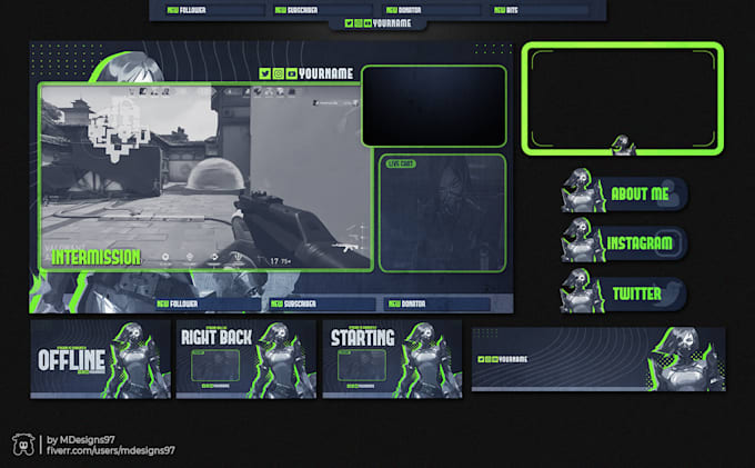 design twitch stream pack, overlay, panels and logo