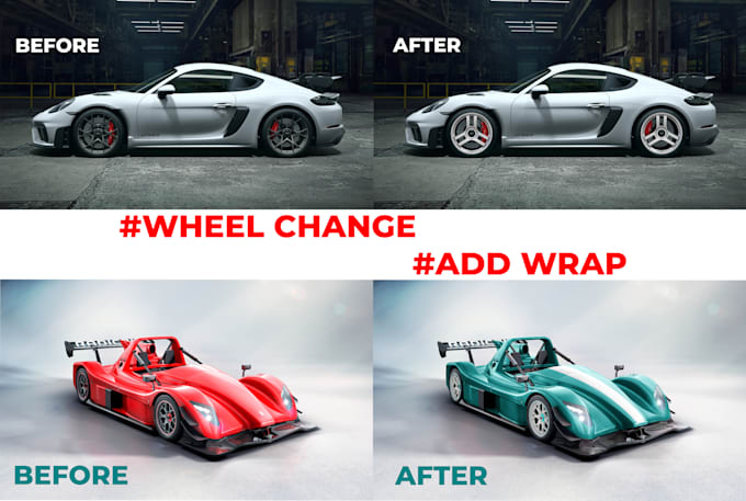 perfectly photoshop car color change, wheel or rim change, add wrap or decal