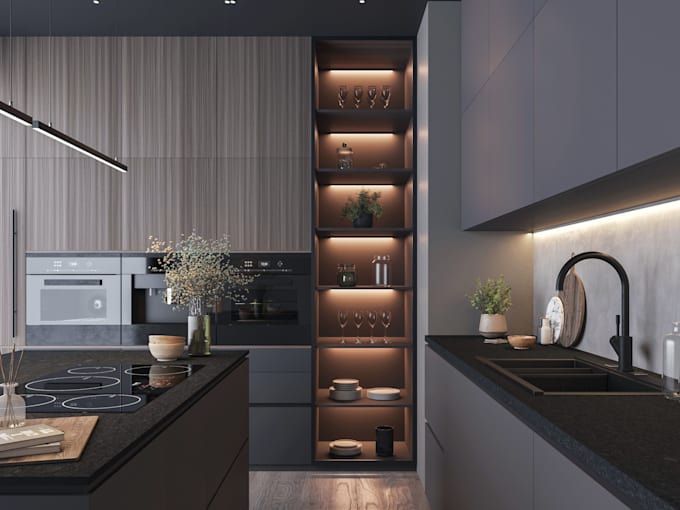 create master bedroom, bathroom and kitchen interior design 3d renders