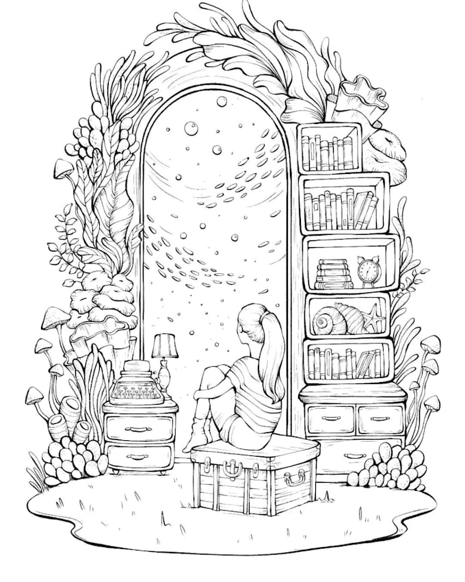 Illustrate line art black and white children book, black and white