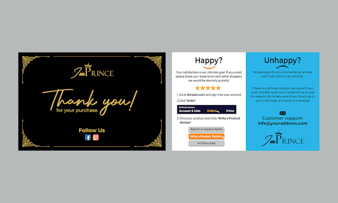 design amazon thank you card, package insert, product insert card