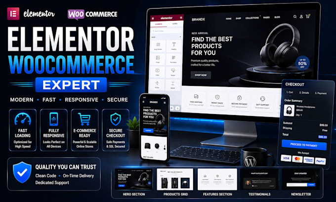 build wordpress website design or redesign, elementor, woocommerce website