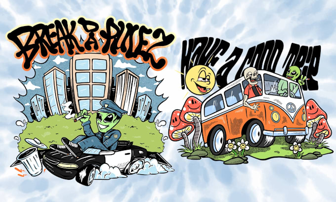 draw cartoon comic style hip hop psychedelic illustration for you