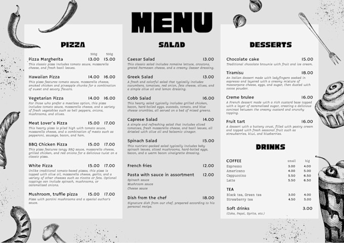 design creative food menus, restaurant menu and cafe menu