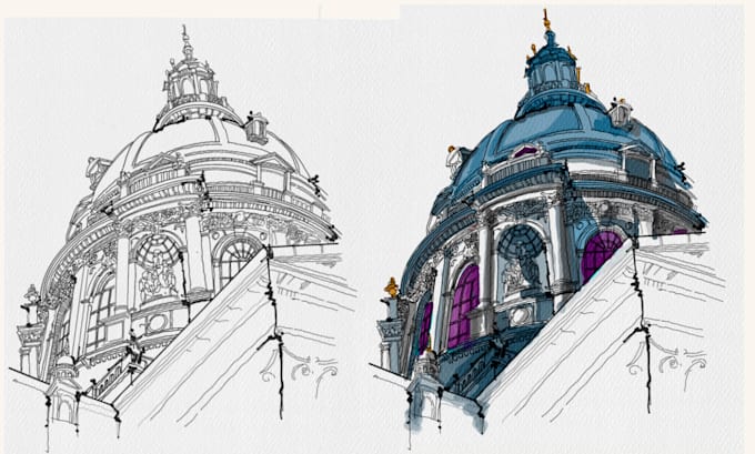 sketch architectural drawing with watercolor and ink