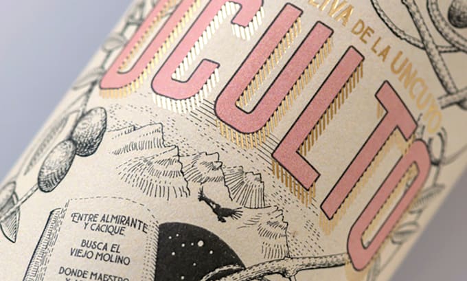 design label with scratchboard illustration
