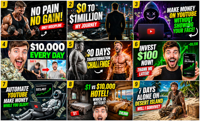 design high CTR youtube thumbnails for fitness, finance and faceless channel