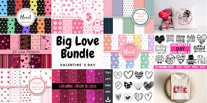 send you valentines day cute svg, clip arts, seamseless patterns bundle