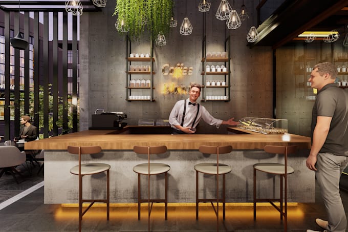 do 3d design for coffee shop, restaurant and office