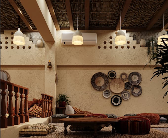 design a cozy rustic restaurant interior with 3d rendering