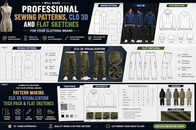 make professional sewing patterns, clo 3d and flat sketches