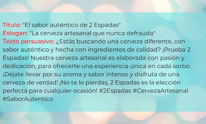 write creative ad, post, article copy in spanish