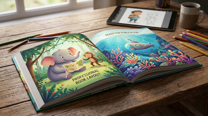 create kids learning books, alphabet and storybook scenes