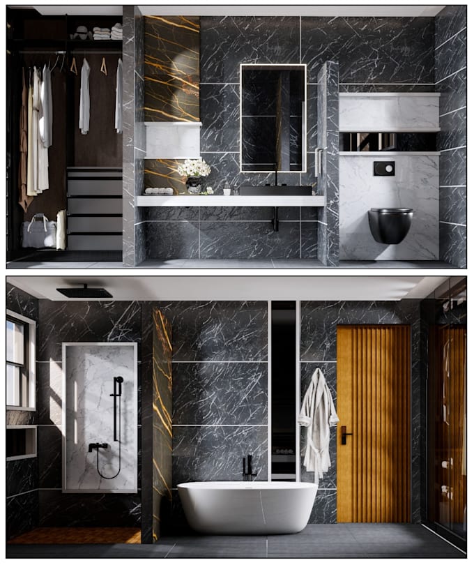 functional and aesthetic bathroom design with 3d model and rendering