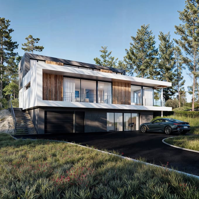 create house exterior design, with photorealistic 3d render