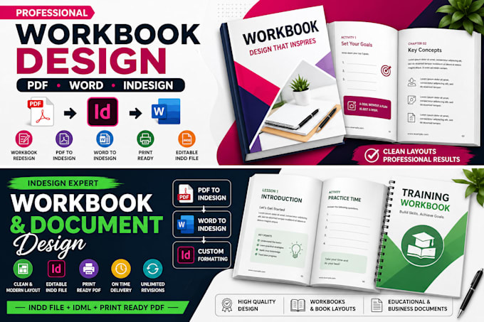 redesign workbooks, convert PDF to indesign, and format word documents