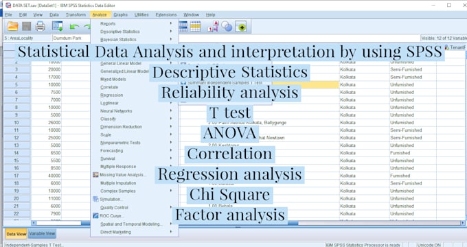 do statistical data analysis, regression, chi square, anova by using spss