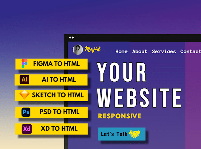 convert PSD to HTML, xd to html, figma to HTML, pdf to HTML, sketch, website