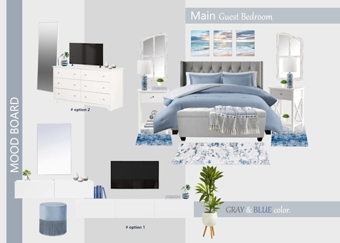 do unique mood board designs for living, dining, and bedroom