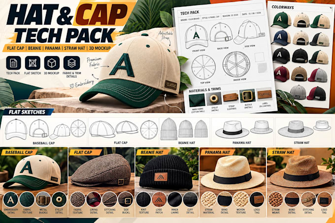 create hat and cap tech pack, flat cap, beanie, panama, straw hat, and 3d mockup