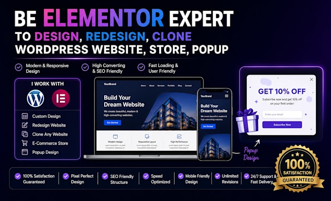 be elementor expert to design, redesign, clone wordpress website, store, popup