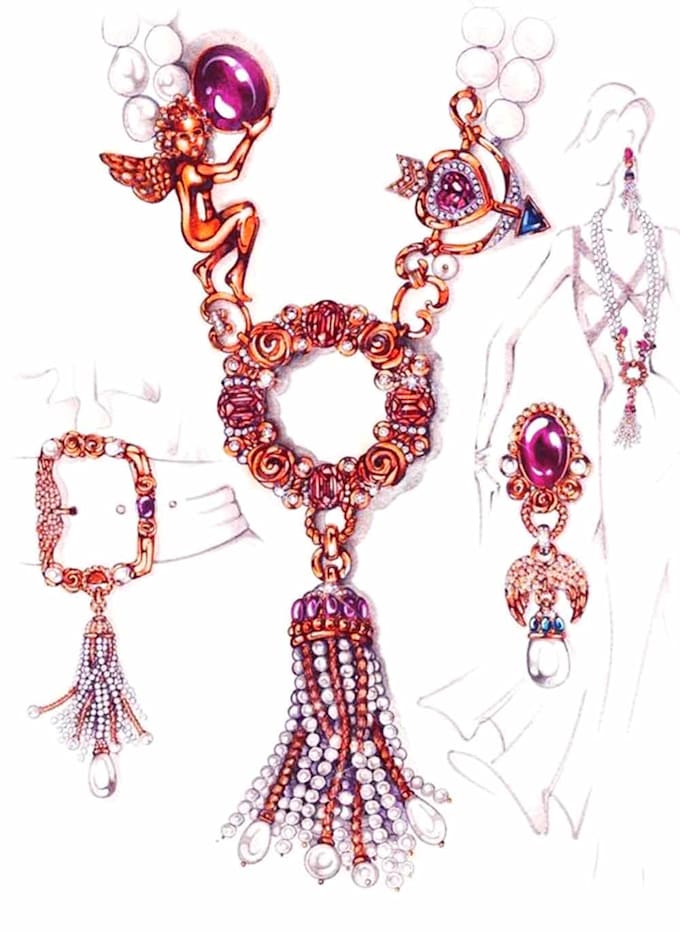 do jewelry design in both digital painting and hand drawing