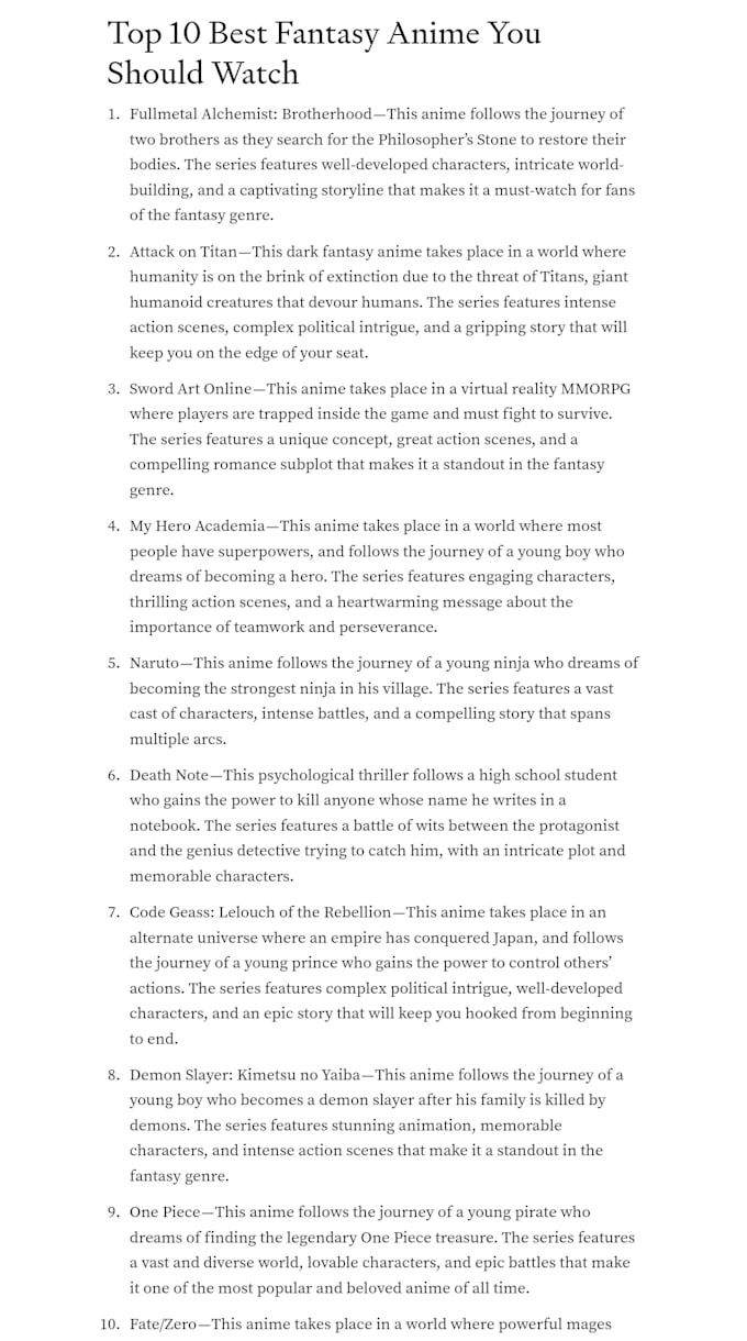 write an article on the top 10 anime and top 10 manga