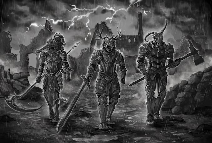 draw illustration of dark fantasy, manga, dnd, medieval art