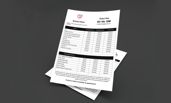 provide car auto detailing price list template, mobile detailing